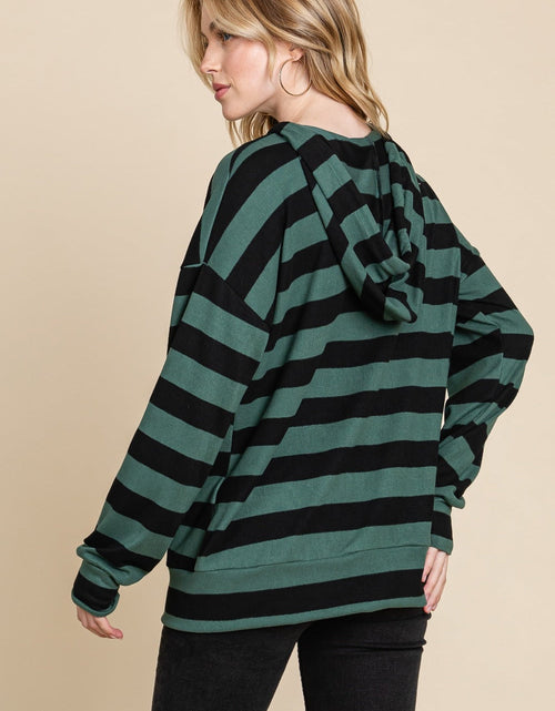 Load image into Gallery viewer, BOMBOM Drawstring Striped Dropped Shoulder Hoodie
