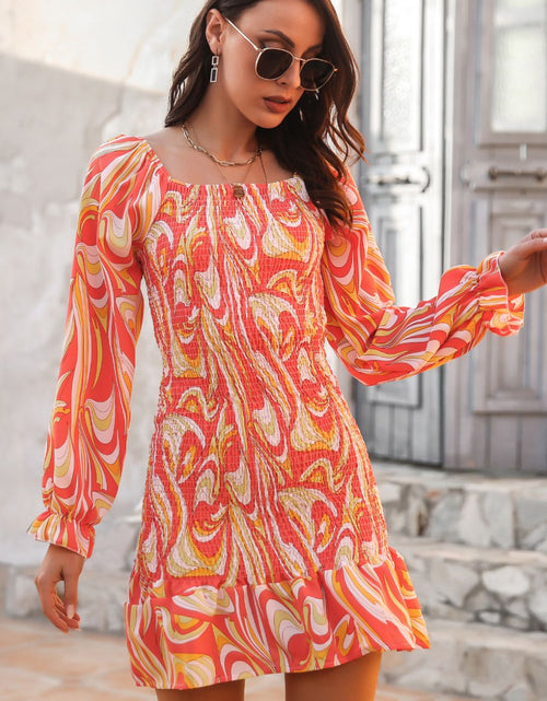 Load image into Gallery viewer, Abstract Print Square Neck Smocked Dress
