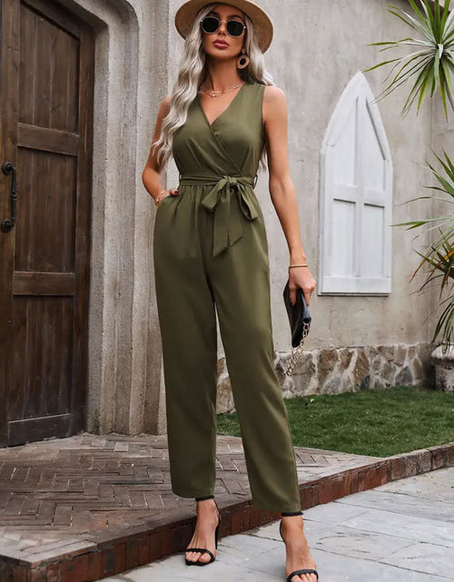 Load image into Gallery viewer, Surplice Tie Waist Sleeveless Jumpsuit
