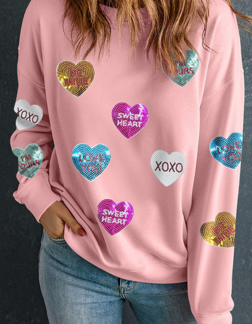 Load image into Gallery viewer, Valentine’s Day Sequin Heart Round Neck Long Sleeve Sweatshirt
