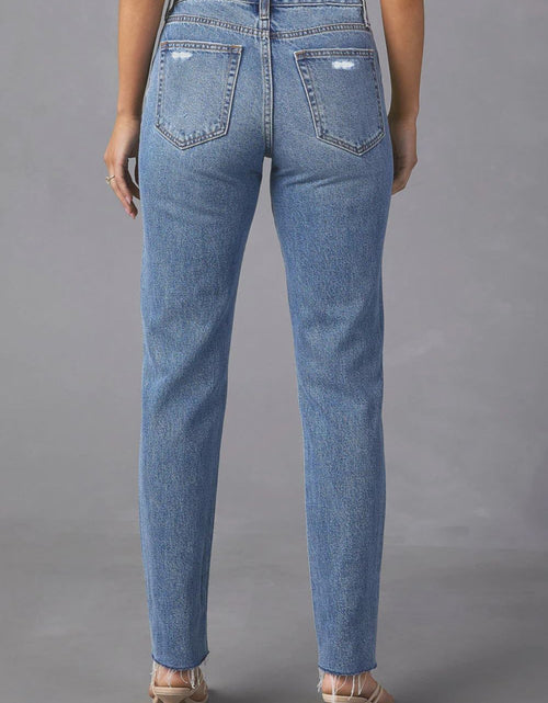 Load image into Gallery viewer, Distressed Raw Hem Straight Jeans with Pockets
