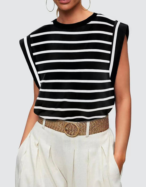 Load image into Gallery viewer, Florira Striped Round Neck Cap Sleeve T-Shirt
