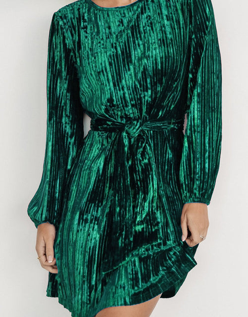 Load image into Gallery viewer, Velvet Round Neck Tie Waist Long Sleeve Mini Dress
