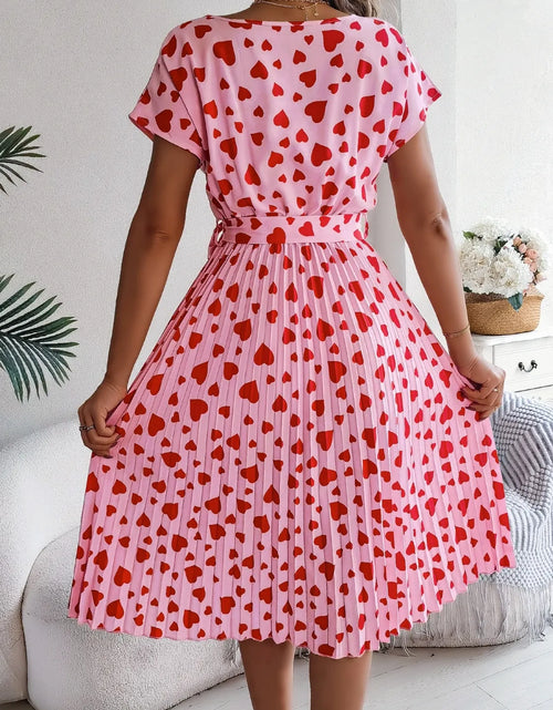 Load image into Gallery viewer, Heart Print Short Sleeve Tie Waist Dress
