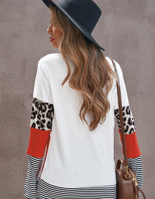 Load image into Gallery viewer, Waffle-Knit Leopard Round Neck Long Sleeve T-Shirt

