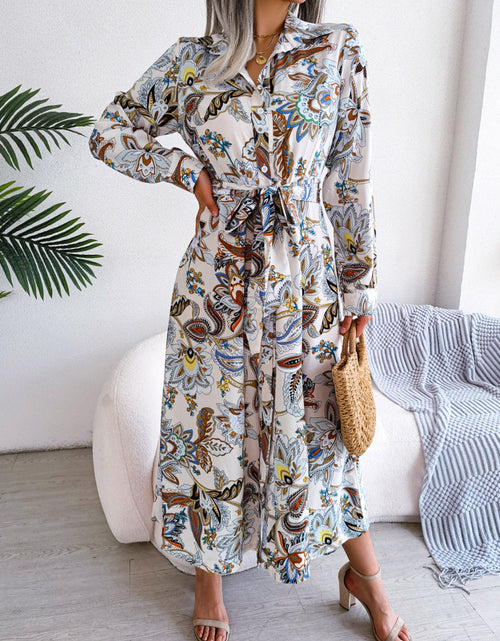 Load image into Gallery viewer, Tied Printed Long Sleeve Midi Dress
