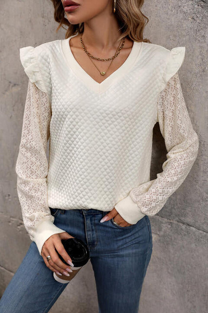 Load image into Gallery viewer, V-Neck Ruffle Trim Long Sleeve Sweatshirt
