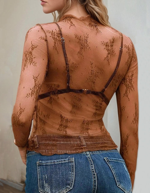 Load image into Gallery viewer, Floral Mock Neck Long Sleeve Mesh Top
