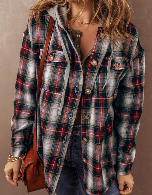 Load image into Gallery viewer, Drawstring Plaid Button Up Hooded Shacket
