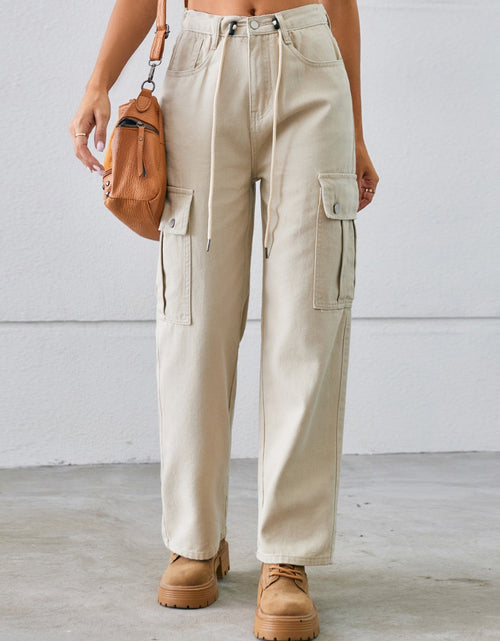 Load image into Gallery viewer, Drawstring Mid-Rise Waist Straight Cargo Jeans
