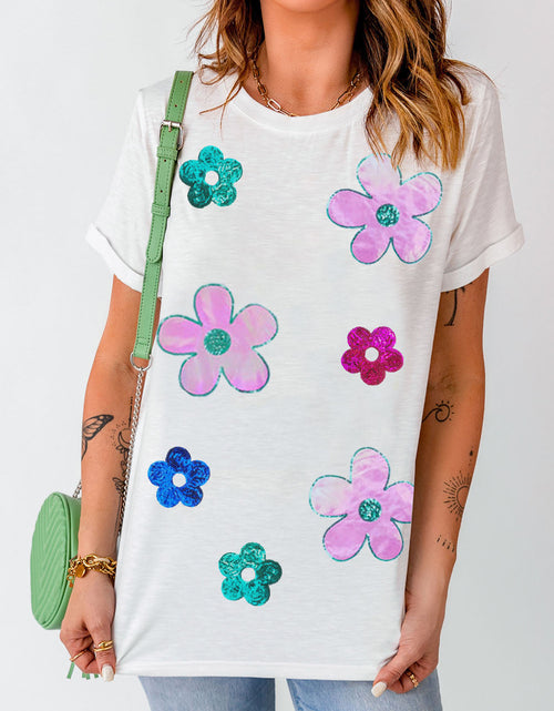 Load image into Gallery viewer, Flower Round Neck Short Sleeve T-Shirt
