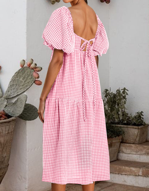 Load image into Gallery viewer, Plaid Square Neck Short Sleeve Dress
