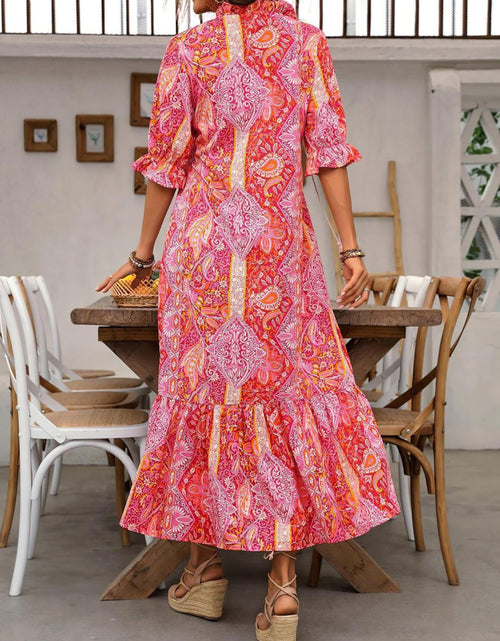 Load image into Gallery viewer, Printed Tie Neck Flounce Sleeve Midi Dress
