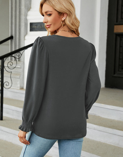 Load image into Gallery viewer, Round Neck Smocked Flounce Sleeve Blouse
