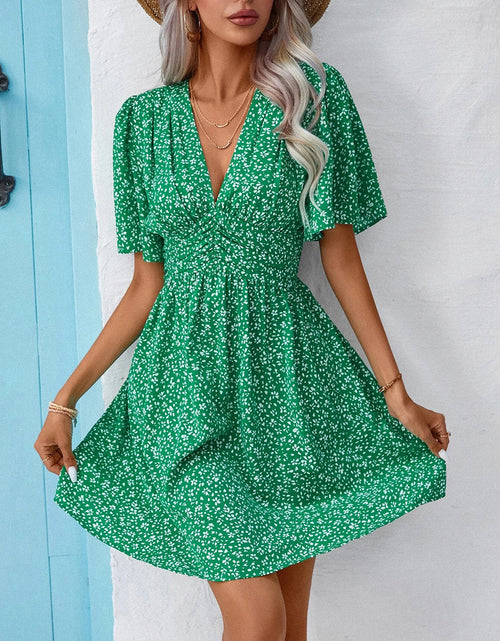 Load image into Gallery viewer, Printed V-Neck Half Sleeve Mini Dress
