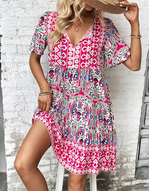 Load image into Gallery viewer, Printed Tie Neck Short Sleeve Dress
