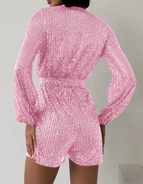 Load image into Gallery viewer, Full Size Sequin Surplice Tie Waist Long Sleeve Romper
