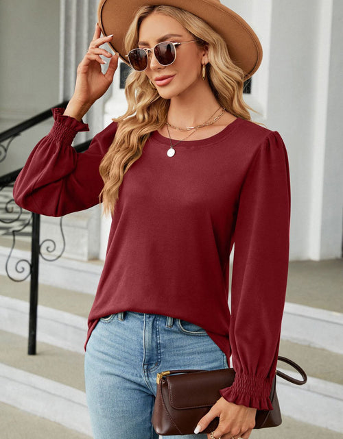 Load image into Gallery viewer, Round Neck Smocked Flounce Sleeve Blouse
