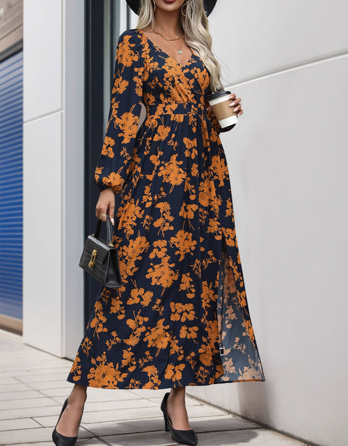 Load image into Gallery viewer, Perfee Split Printed Surplice Long Sleeve Midi Dress
