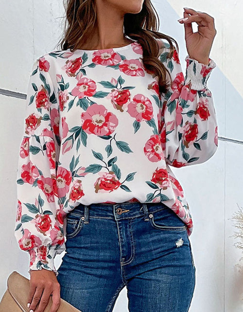Load image into Gallery viewer, Perfee Floral Long Puff Sleeve Round Neck Blouse
