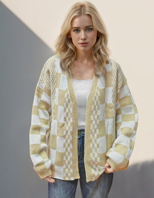 Load image into Gallery viewer, Double Take Checkered Open Front Dropped Shoulder Cardigan
