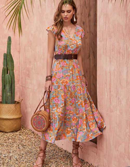 Load image into Gallery viewer, Ruffled Printed V-Neck Cap Sleeve Tiered Dress
