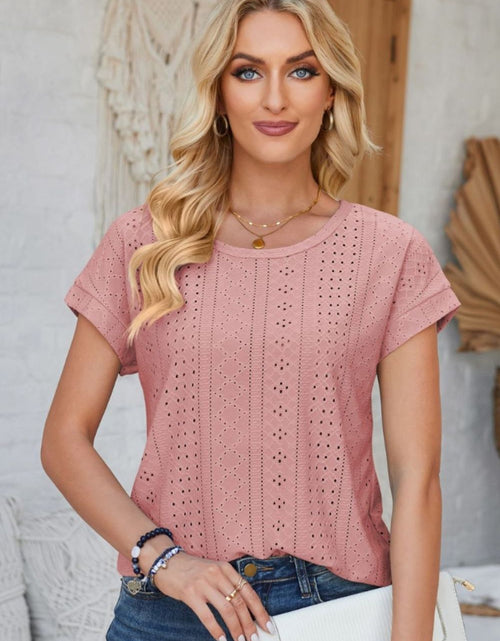 Load image into Gallery viewer, Eyelet Round Neck Rolled Short Sleeve T-Shirt
