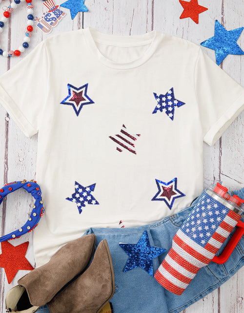 Load image into Gallery viewer, Sequin Star Round Neck Short Sleeve T-Shirt
