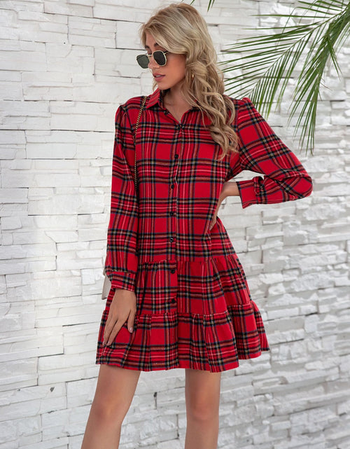 Load image into Gallery viewer, Ruffle Hem Plaid Button Down Long Sleeve Dress
