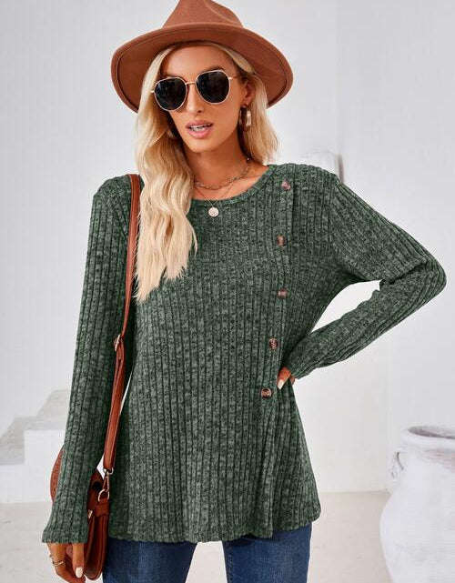 Load image into Gallery viewer, Ribbed Buttoned Round Neck Slit T-Shirt
