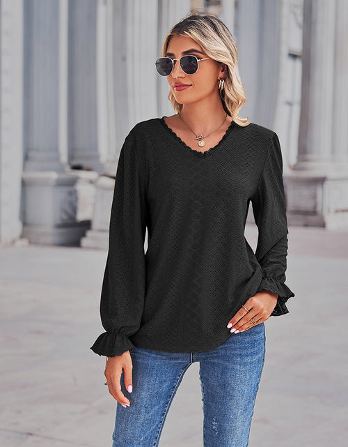 Load image into Gallery viewer, Eyelet V-Neck Flounce Sleeve Blouse
