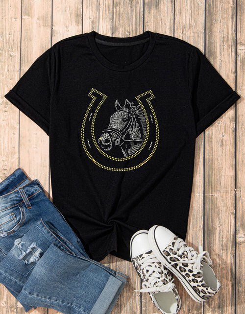 Load image into Gallery viewer, Rhinestone Round Neck Short Sleeve T-Shirt
