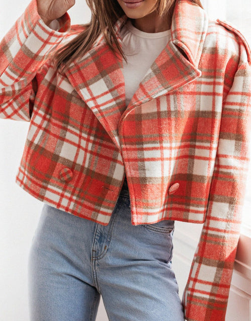 Load image into Gallery viewer, Lapel Collar Plaid Cropped Jacket
