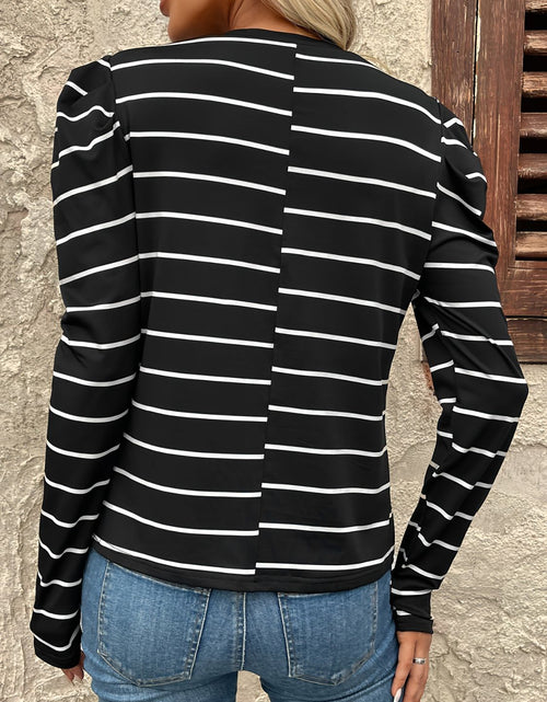 Load image into Gallery viewer, Full Size Striped Round Neck Puff Sleeve T-Shirt
