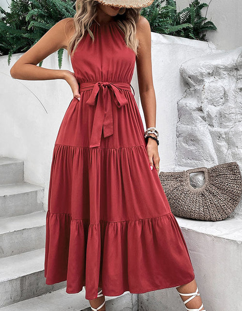 Load image into Gallery viewer, Perfee Tie Belt Tiered Midi Dress
