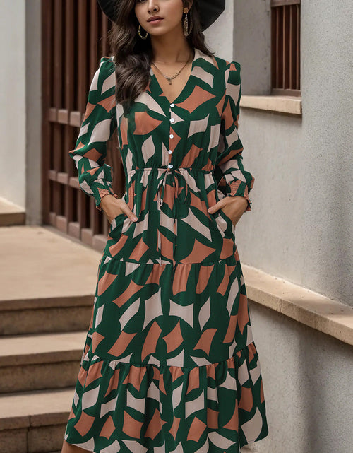 Load image into Gallery viewer, Perfee Printed Tied Pocketed Lantern Sleeve Dress
