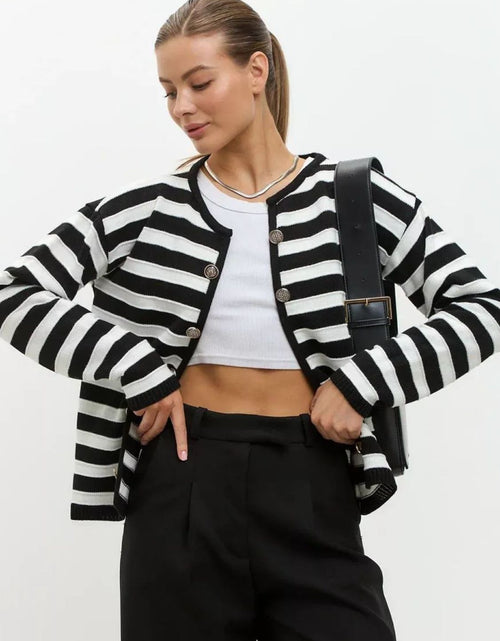Load image into Gallery viewer, Striped Dropped Shoulder Long Sleeve Cardigan
