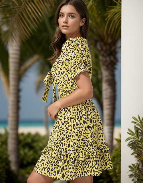Load image into Gallery viewer, Leopard V-Neck Flounce Sleeve Mini Dress
