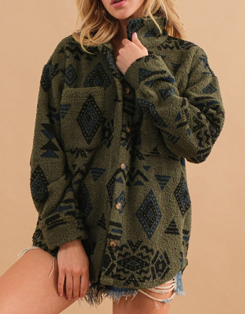 Load image into Gallery viewer, Geometric Button Up Long Sleeve Sherpa Jacket
