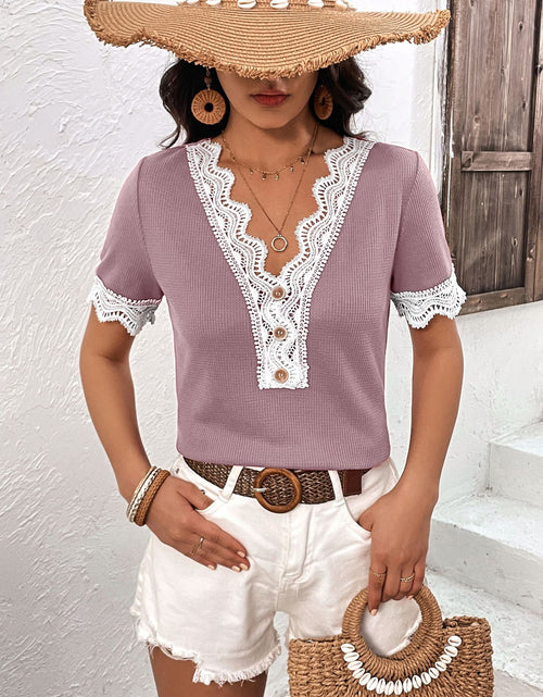 Load image into Gallery viewer, Ivy Lane Decorative Button Spliced Lace Short Sleeve Top
