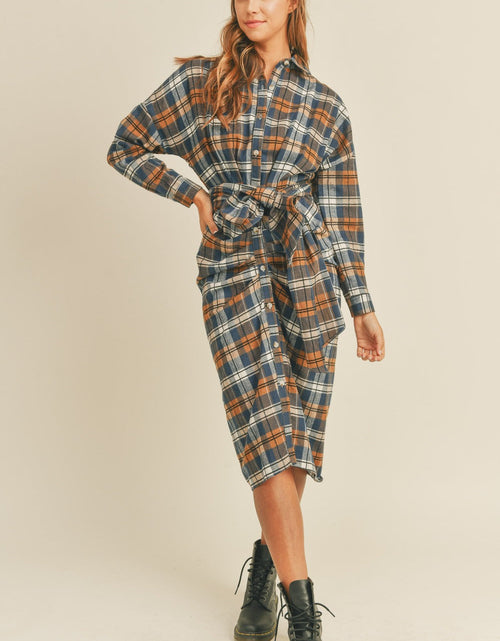 Load image into Gallery viewer, Mable Plaid Flannel Front Tie Button Down Shirt Dress
