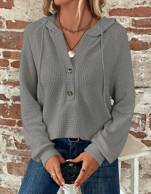 Load image into Gallery viewer, Waffle Knit Long Sleeve Drawstring Hooded Top
