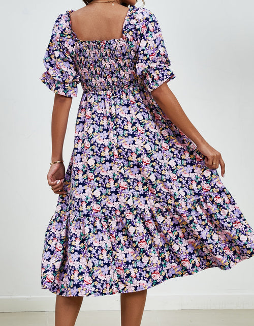 Load image into Gallery viewer, Smocked Floral Square Neck Short Sleeve Dress
