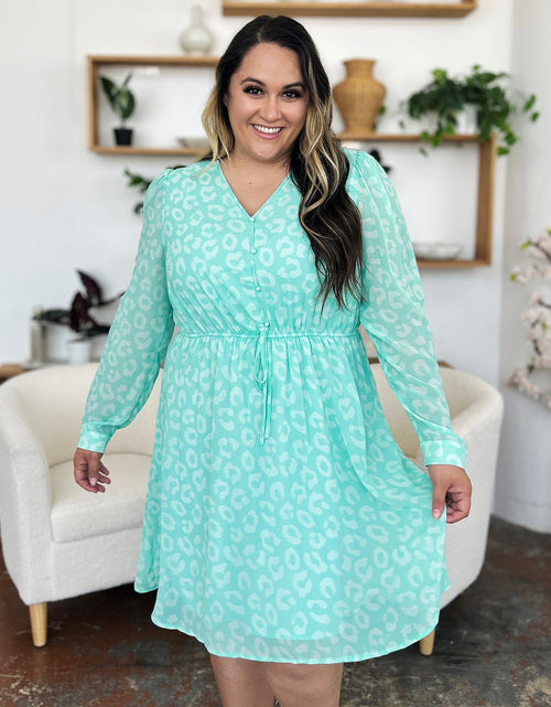 Load image into Gallery viewer, Double Take Full Size Printed Ruched V-Neck Long Sleeve Dress
