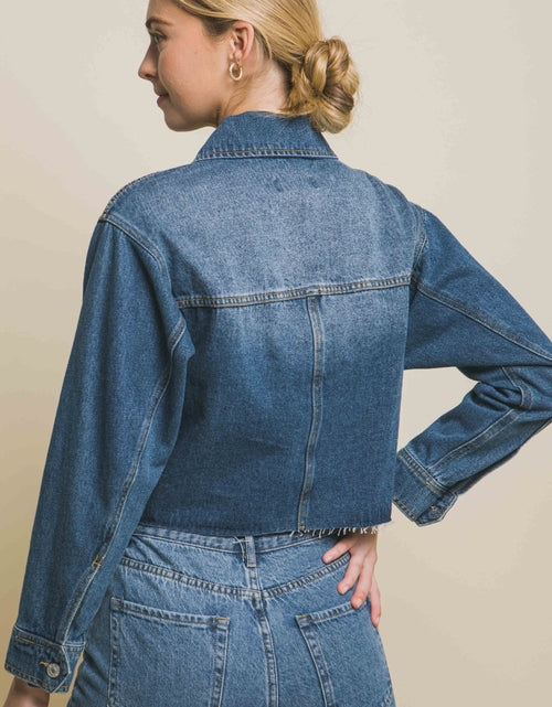 Load image into Gallery viewer, Love Tree Raw Hem Button Up Cropped Denim Jacket
