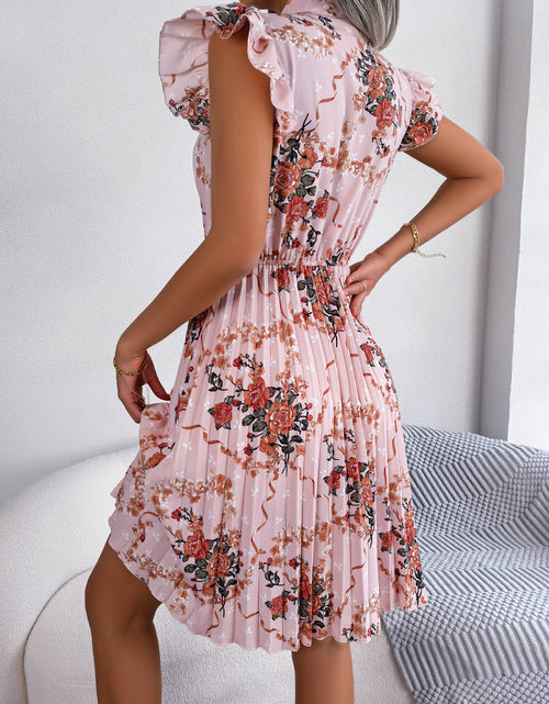 Load image into Gallery viewer, Pleated Floral Printed Tie Neck Knee Length Dress
