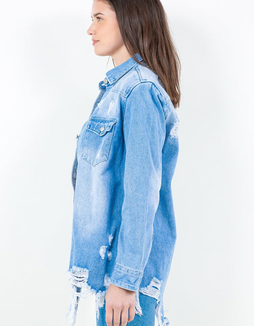 Load image into Gallery viewer, American Bazi Frayed Hem Distressed Denim Shirt Jacket
