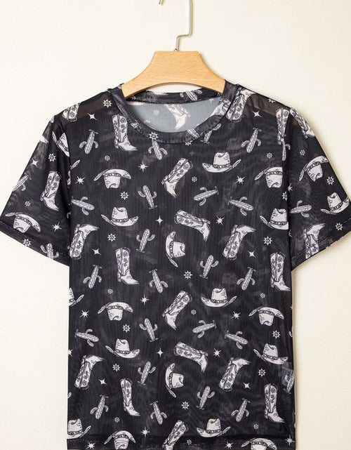 Load image into Gallery viewer, Western Pattern Mesh Sheer Crew Neck Top

