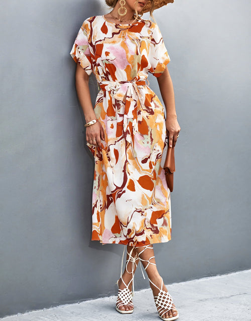 Load image into Gallery viewer, Round Neck Short Sleeve Tie Waist Midi Dress
