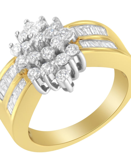 Load image into Gallery viewer, 10K Yellow Gold 1.0 Cttw Round &amp; Baguette Cut Diamond Floral Cluster Double-Channel Flared Band Statement Ring (H-I Color, SI2-I1 Clarity) by Haus of Brilliance
